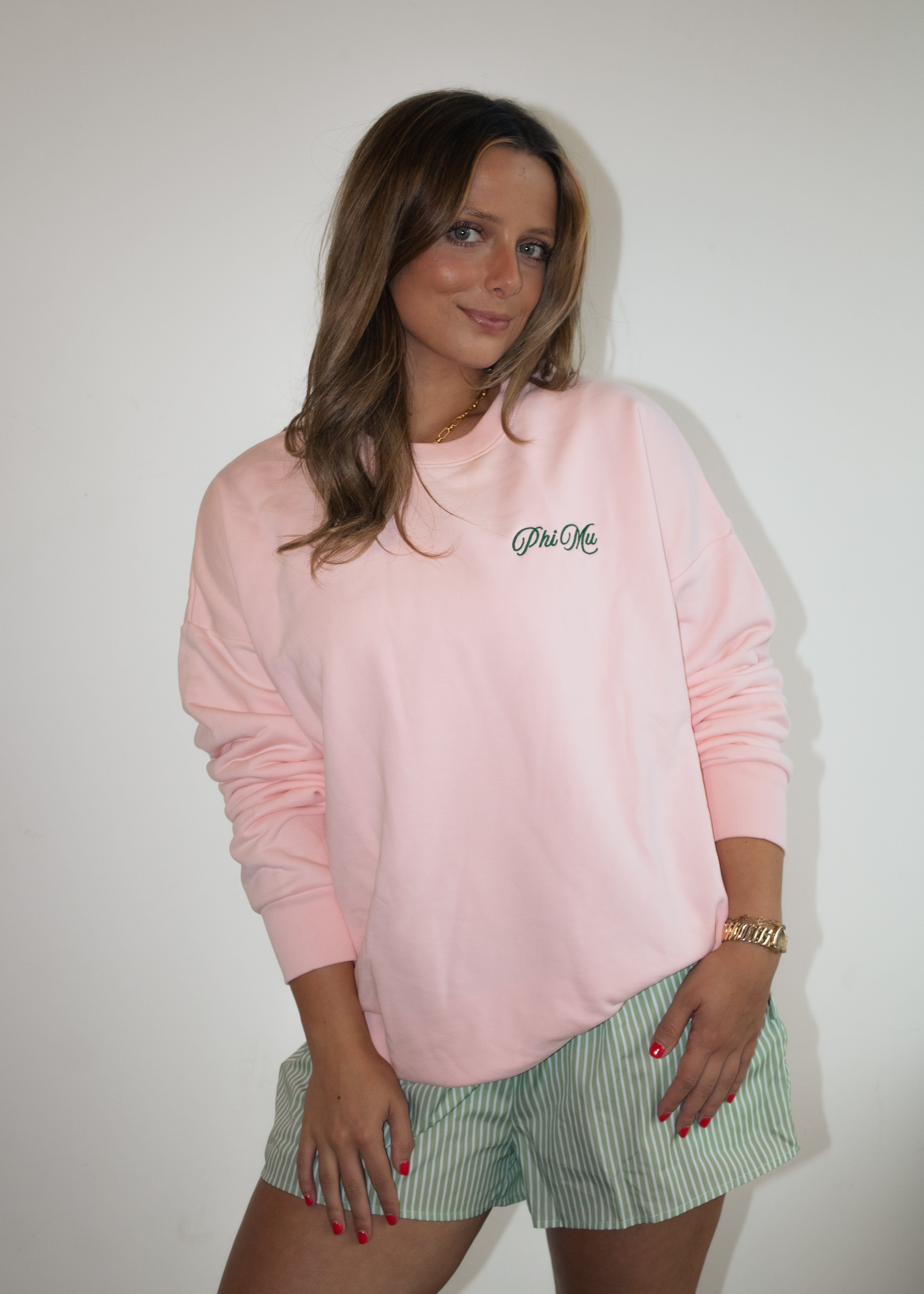 Phi Mu Crewneck in Baby Pink (Green)