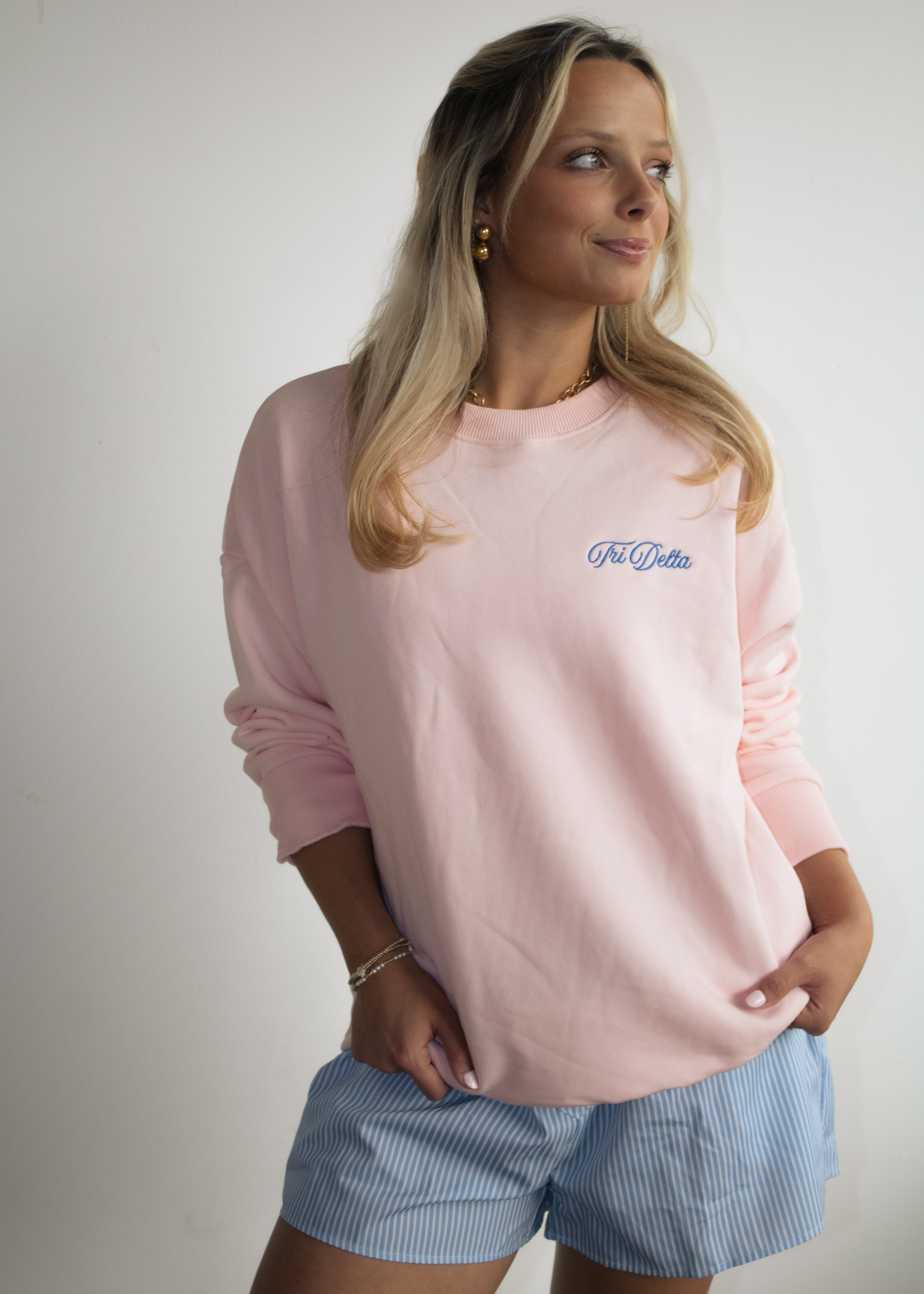 Tri Delta Crewneck in Baby Pink (Blue)