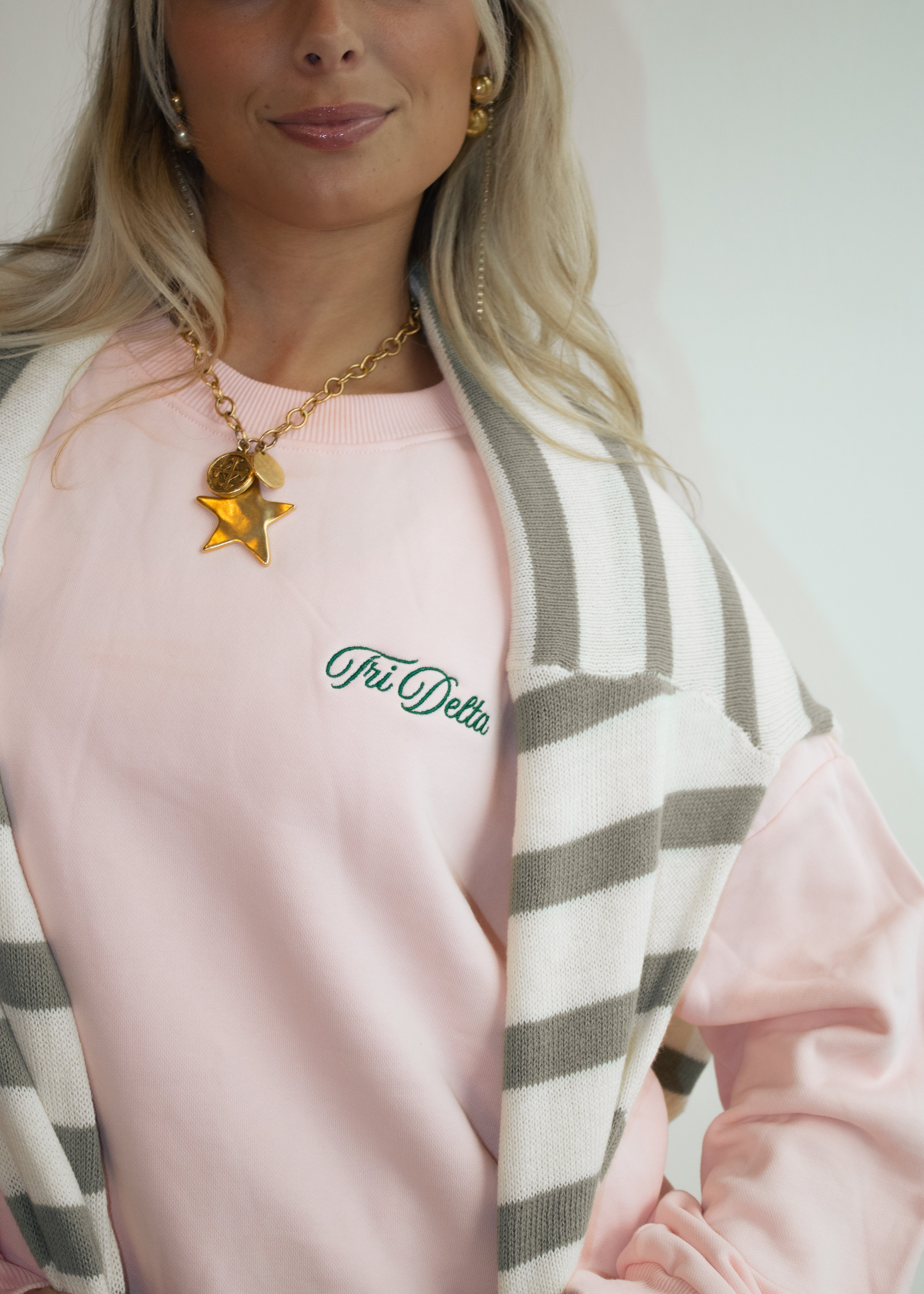 Tri Delta Crewneck in Baby Pink (Green)