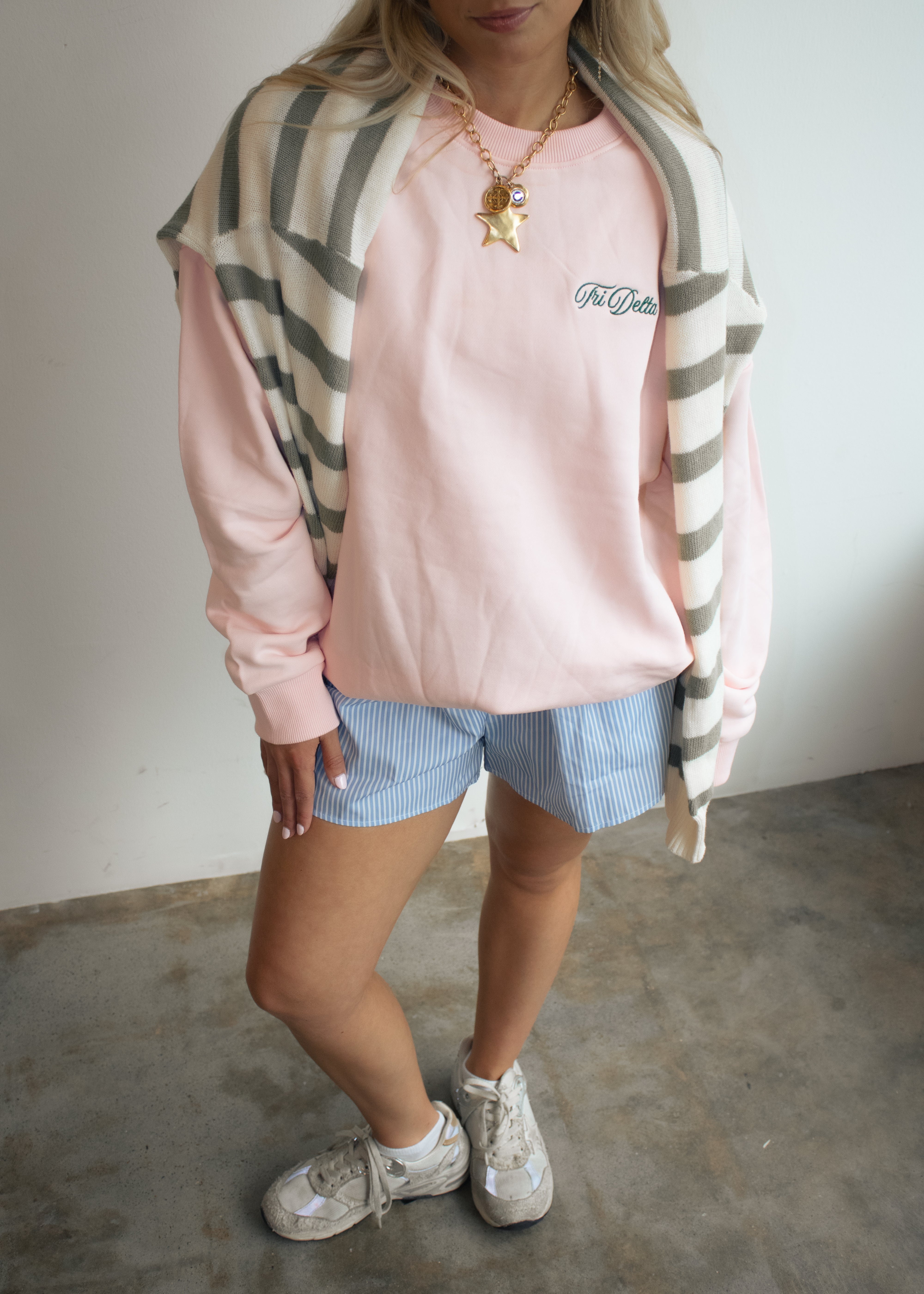Tri Delta Crewneck in Baby Pink (Green)