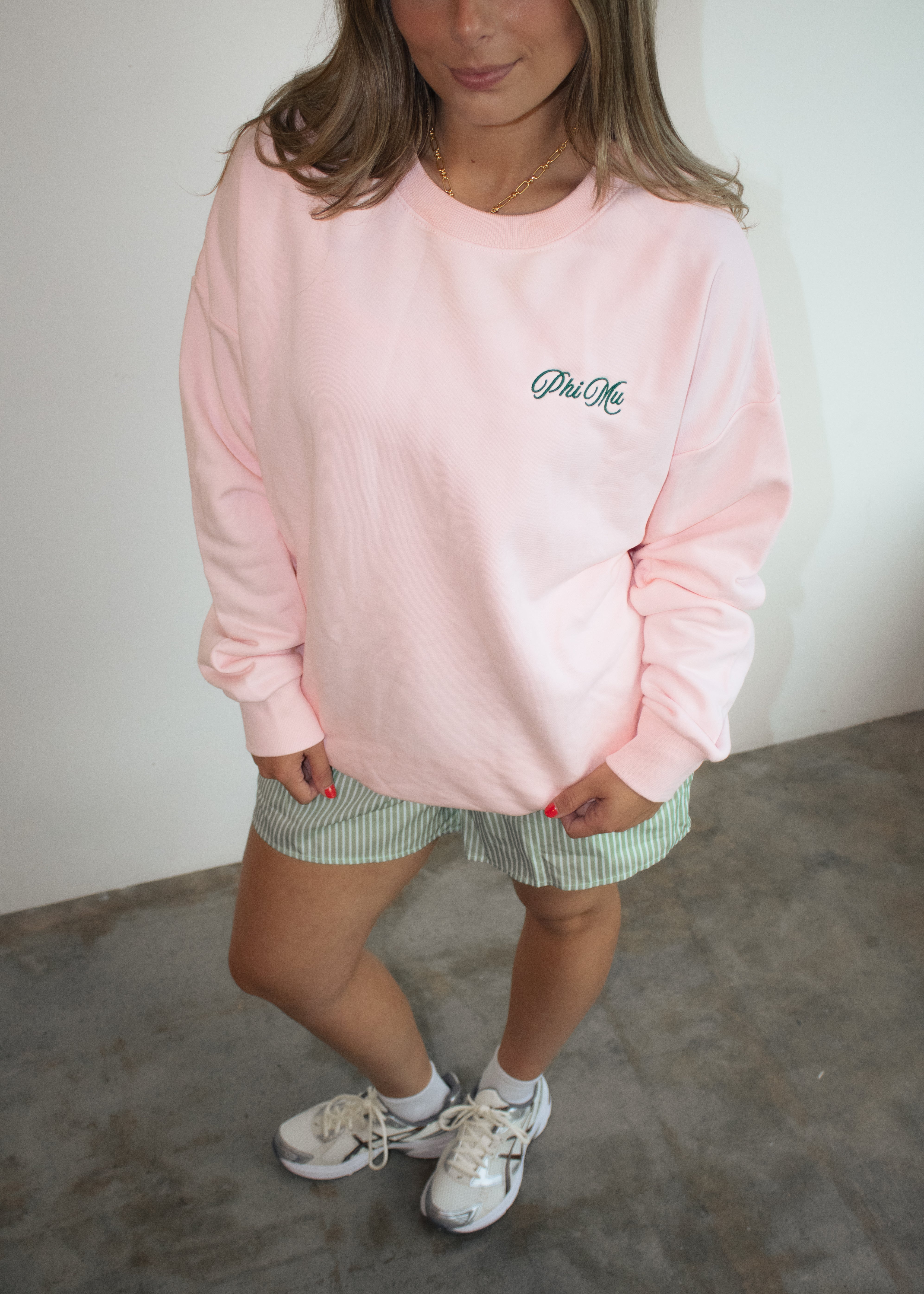 Phi Mu Crewneck in Baby Pink (Green)