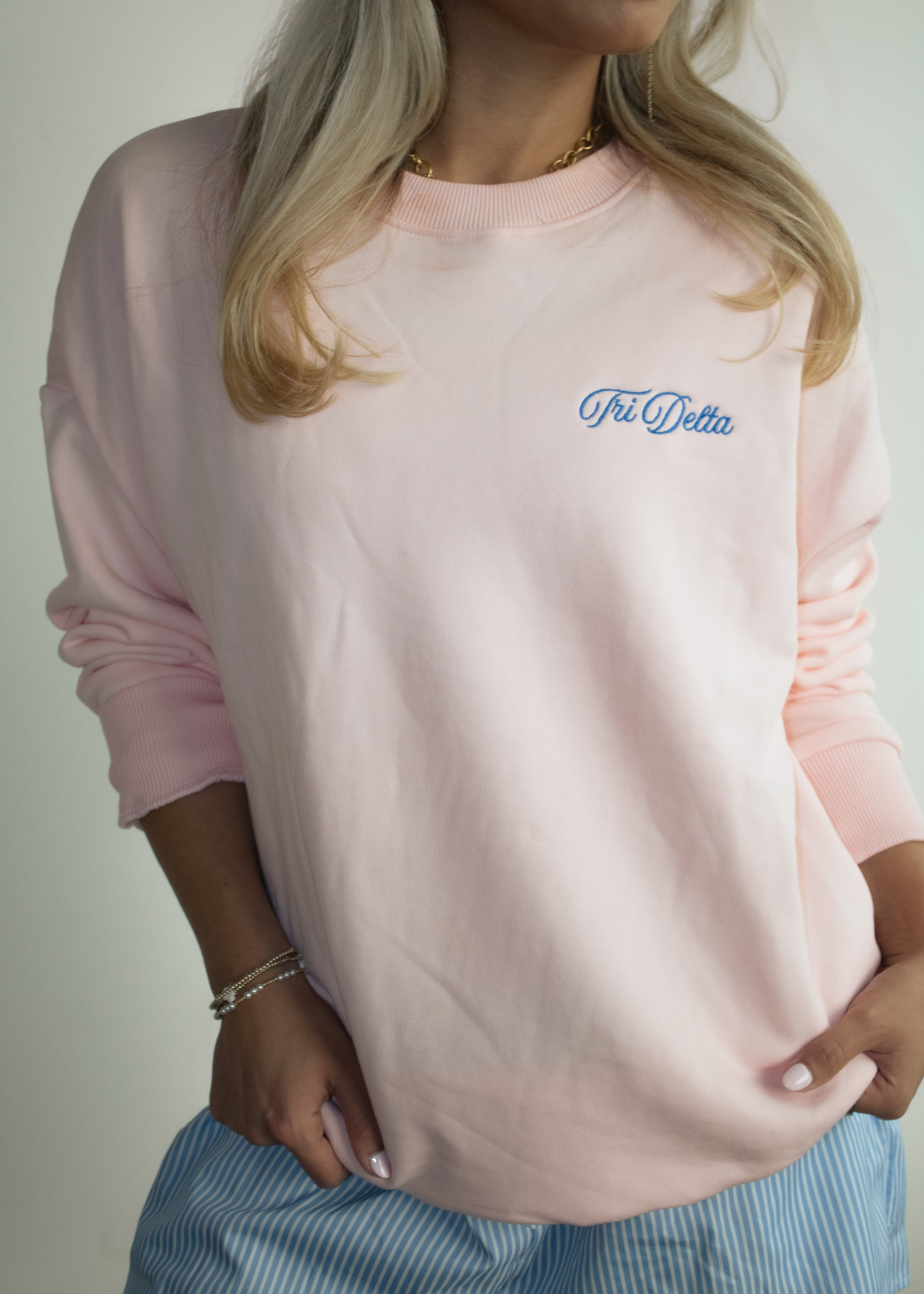 Tri Delta Crewneck in Baby Pink (Blue)