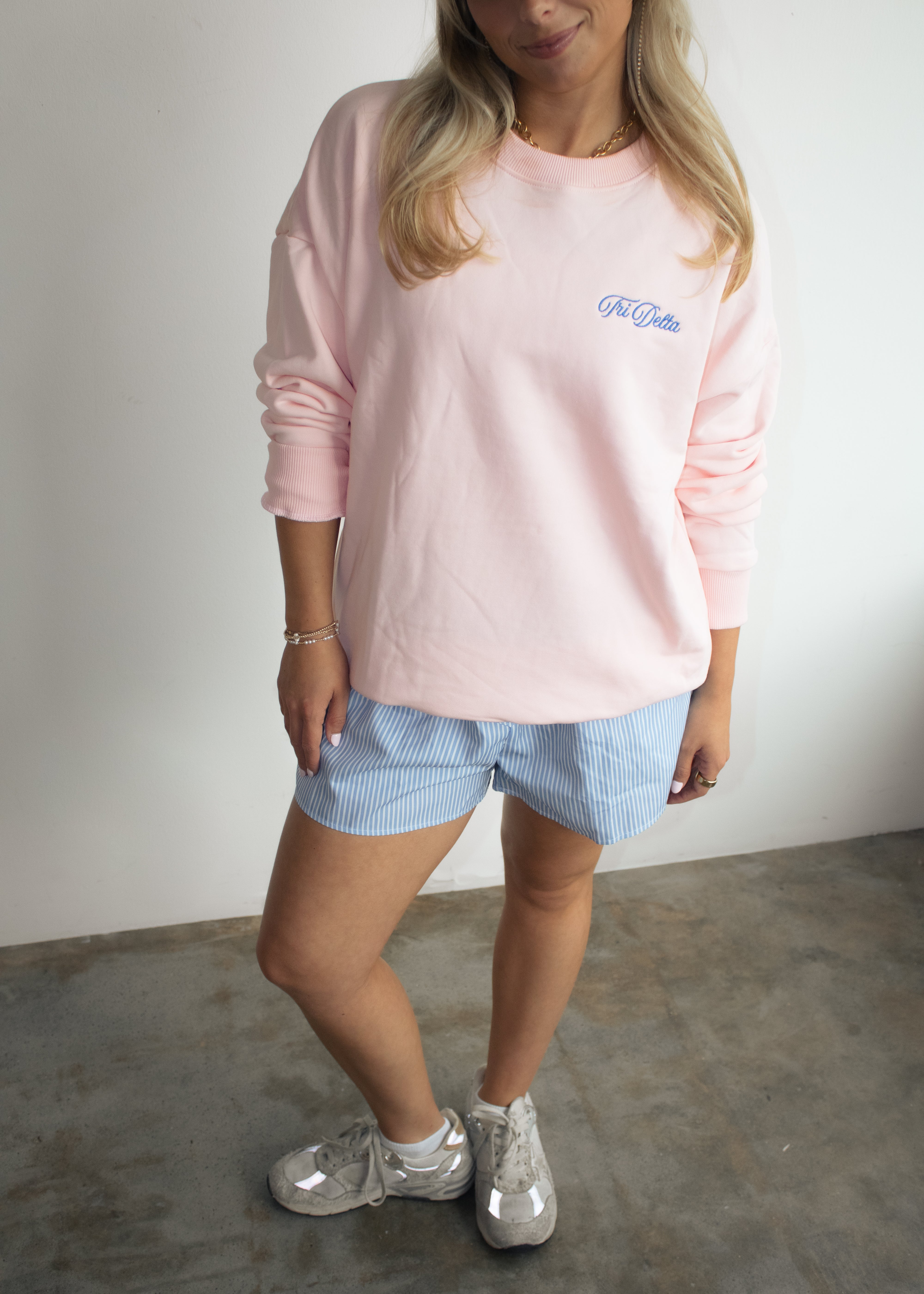 Tri Delta Crewneck in Baby Pink (Blue)