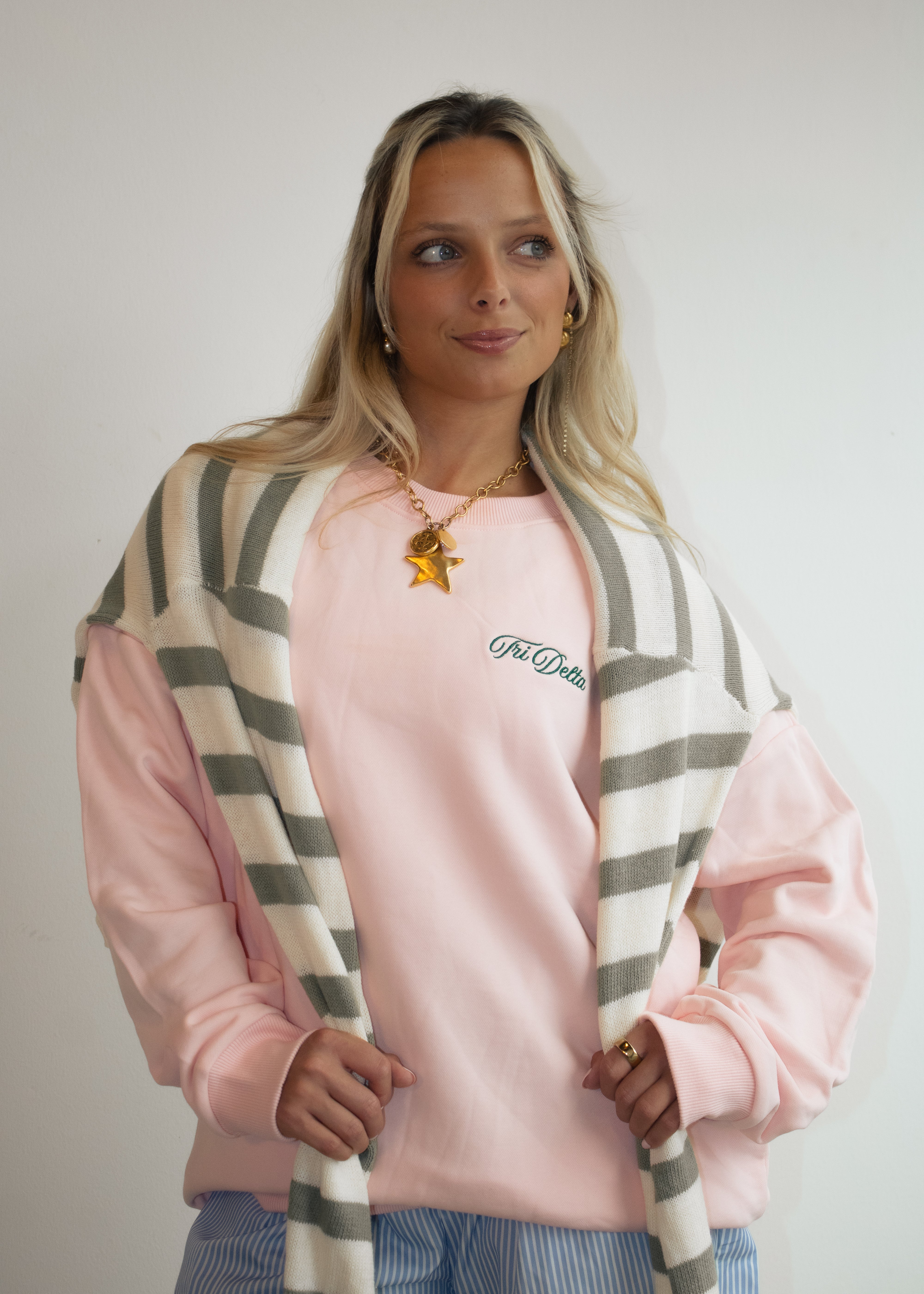 Tri Delta Crewneck in Baby Pink (Green)